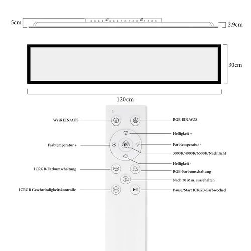 Panneau LED 120x30, Plafonnier Rgb Dimmable Avec Télécommande, 39w Noir.