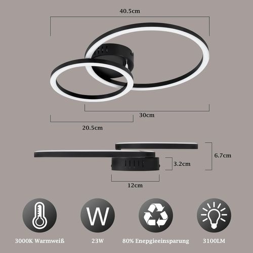 Plafonnier LED 40cm, 2 Anneaux Moderne, 23w 3000k Blanc Chaud Pour Salon.