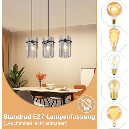 Suspension Noire Vintage, 3-lumières Verre E27, Ø 16 Cm Pour Salon.