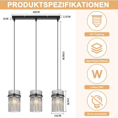 Suspension Noire Vintage, 3-lumières Verre E27, Ø 16 Cm Pour Salon.