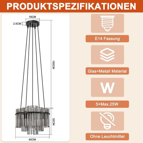 Suspension Noire Vintage, 5-lampes Verre E14, Ø 40 Cm Pour Salon et Bar.