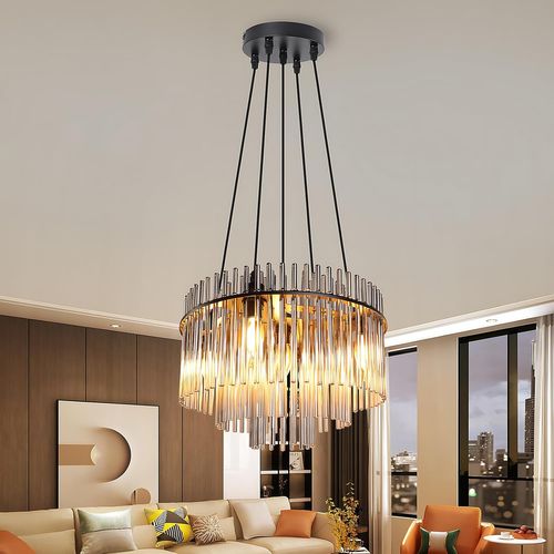 Suspension Noire Vintage, 5-lampes Verre E14, Ø 40 Cm Pour Salon et Bar.