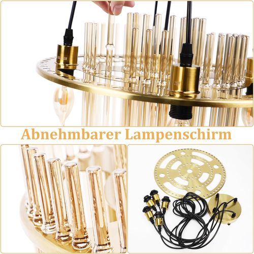 Suspension Dorée Moderne, 5-flammes Verre E14, Ronde Ø 40 Cm Pour Cuisine.