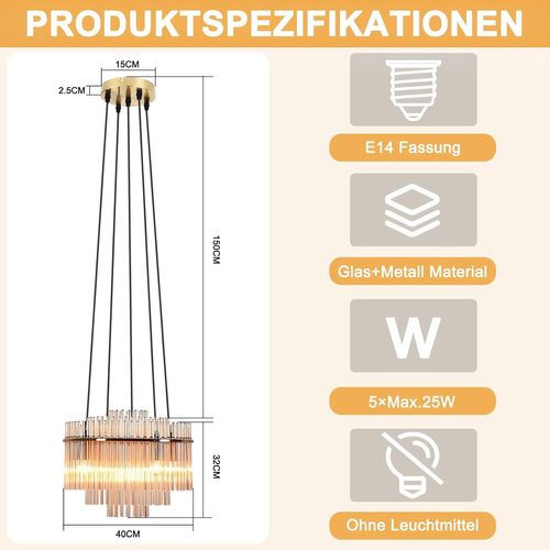 Suspension Dorée Moderne, 5-flammes Verre E14, Ronde Ø 40 Cm Pour Cuisine.