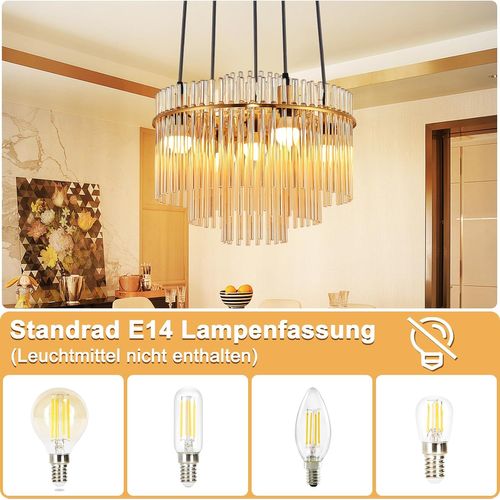 Suspension Dorée Moderne, 5-flammes Verre E14, Ronde Ø 40 Cm Pour Cuisine.