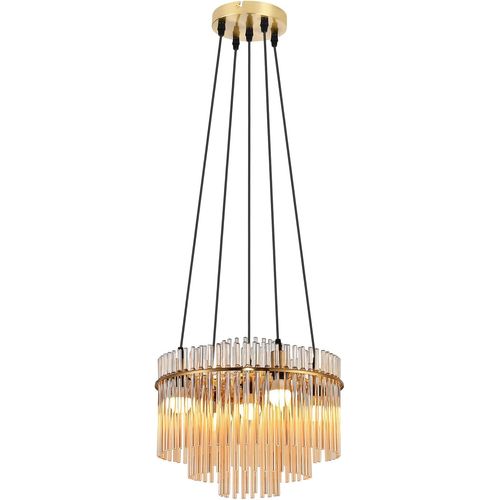 Suspension Dorée Moderne, 5-flammes Verre E14, Ronde Ø 40 Cm Pour Cuisine.