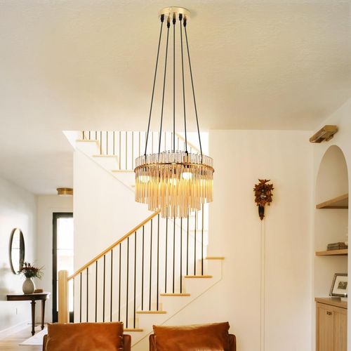 Suspension Dorée Moderne, 5-flammes Verre E14, Ronde Ø 40 Cm Pour Cuisine.