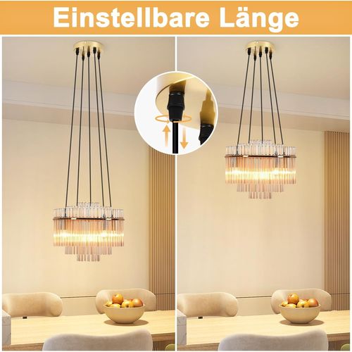 Suspension Dorée Moderne, 5-flammes Verre E14, Ronde Ø 40 Cm Pour Cuisine.