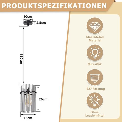 Suspension Noire, Lampe Verre 1-flamme E27, Ø 16 Cm Pour Table à Manger.