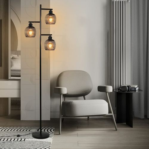 Lampadaire Industriel, 3-flammes E27, 152cm Noir Avec Interrupteur à Pied.