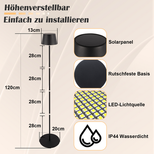 Lampadaire LED Solaire 120cm, Tactile Dimmable 3000k-6500k, Réglable.