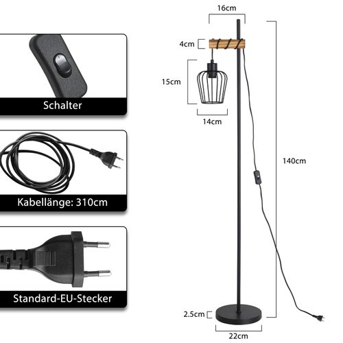 Lampadaire Vintage En Bois Et Métal, 146cm, Douille E27 Pour Salon.
