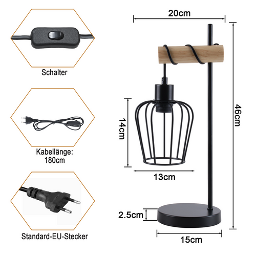 Nettlife Lampe De Table Vintage, Design Industriel En Bois Et Métal, Douille E27.