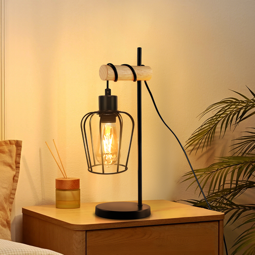 Nettlife Lampe De Table Vintage, Design Industriel En Bois Et Métal, Douille E27.