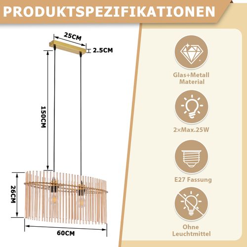Lustre 2 Flammes E27 Verre Doré Pour Cuisine Salon (sans Ampoule)