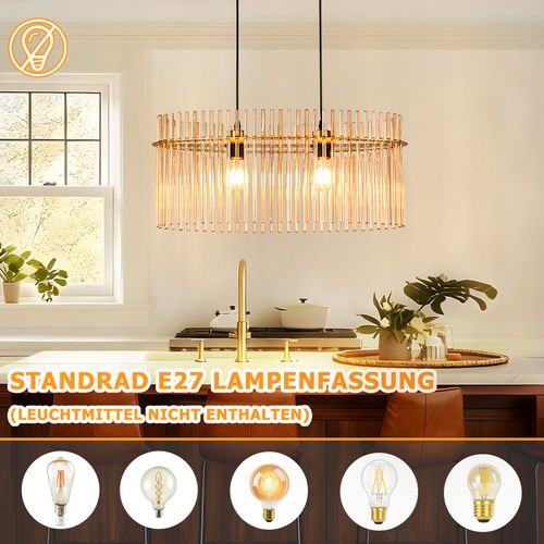 Lustre 2 Flammes E27 Verre Doré Pour Cuisine Salon (sans Ampoule)