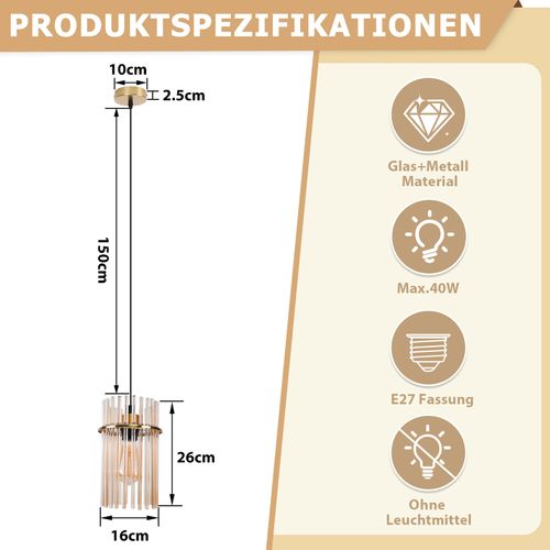 Suspension 1 Flamme Verre Modern Doré E27 Ø 16 Cm (sans Ampoule)