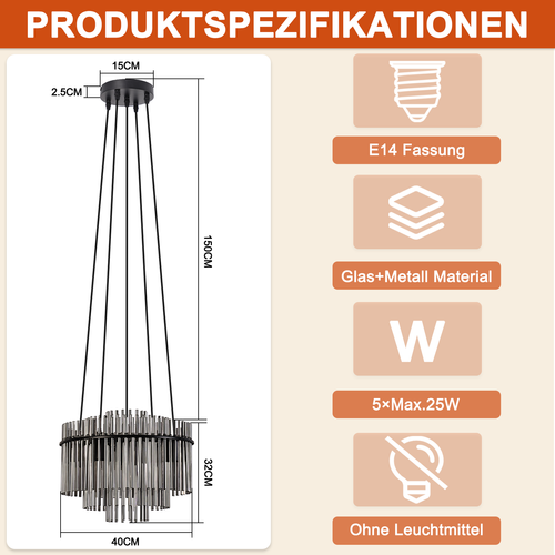 Lustre Vintage 5 Flammes E27 Verre Noir Lampe à Suspendre (sans Ampoule)