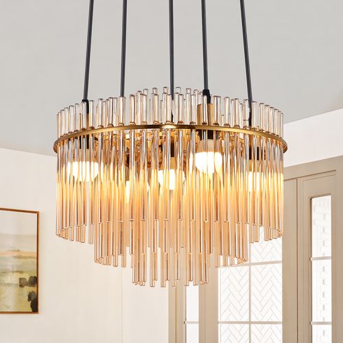 Lustre Vintage 5 Flammes E27 Verre Doré Lampe à Suspendre (sans Ampoule)