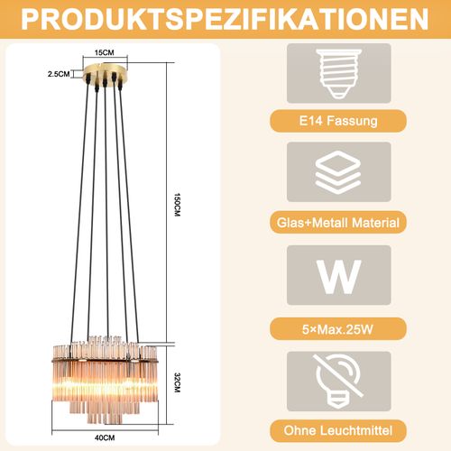 Lustre Vintage 5 Flammes E27 Verre Doré Lampe à Suspendre (sans Ampoule)