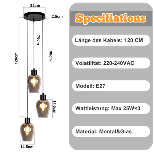 Suspension Salle à Manger 3 Flamme Noire E27 Suspension Vintage Pour Cuisine (sans Source Lumineuse)
