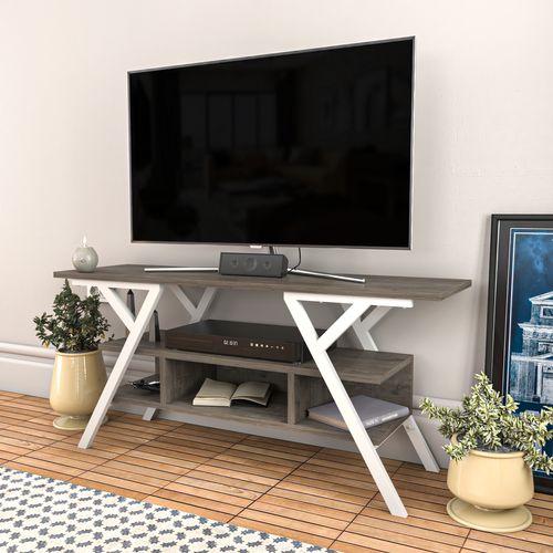 Minerva Meuble TV 120 Cm Étagères Ouvertes Et Cadre En Métal (blanc Et Wenge)