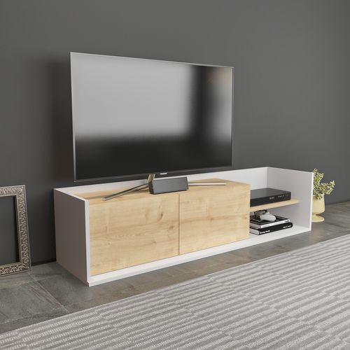 Krog 160 Cm Meuble TV - Étagères Ouvertes Et Armoires Battantes (blanc Et Chêne)