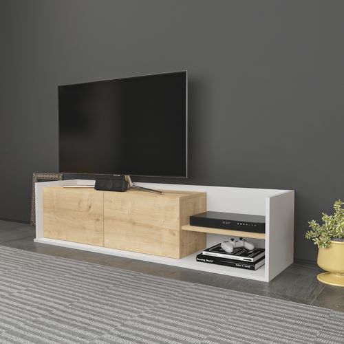 Krog 160 Cm Meuble TV - Étagères Ouvertes Et Armoires Battantes (blanc Et Chêne)