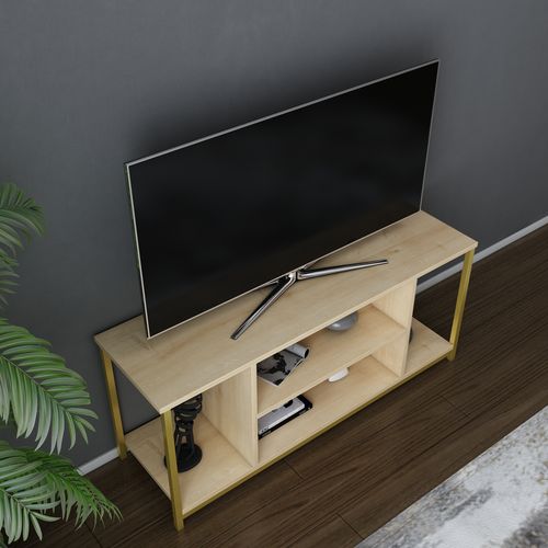 Meuble TV Rinaldo De 120 Cm Avec Niches, Cadre En Métal (doré Et Chêne)