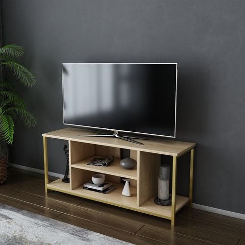 Meuble TV Rinaldo De 120 Cm Avec Niches, Cadre En Métal (doré Et Chêne)