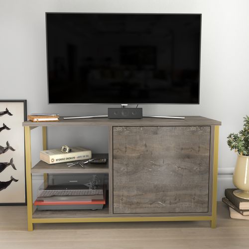 Meuble TV Muskegon 90 Cm Placard Et Étagères Ouvertes (doré Et Wenge)