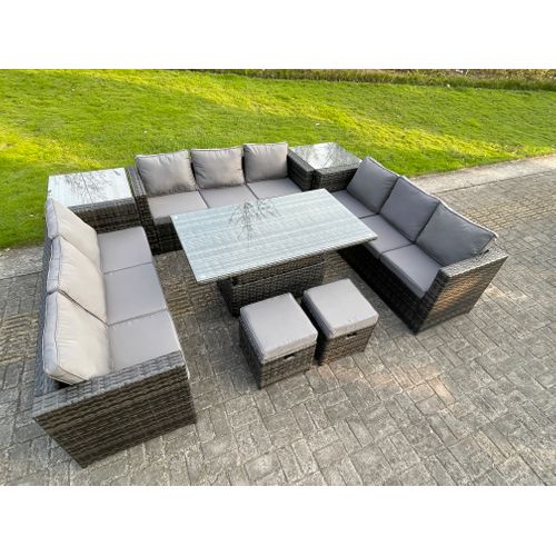 Salon De Jardin En Rotin Avec Canapé Table à Manger Réglable En Hauteur 2 Tabourets