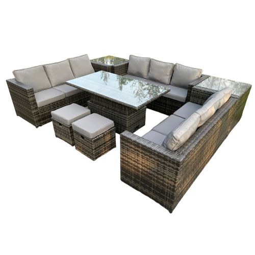 Salon De Jardin En Rotin Avec Canapé Table à Manger Réglable En Hauteur 2 Tabourets