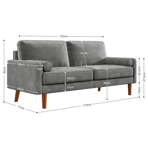 Canapé Droit 3 Places Avec Accoudoirs En Velours Moderne, 173l X 77l X 86h Cm, Gris