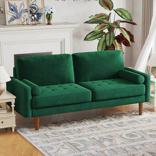 Canapé Droit Salon 3 Places Avec Accoudoirs En Velours Moderne, 173l X 77l X 86h Cm, Vert