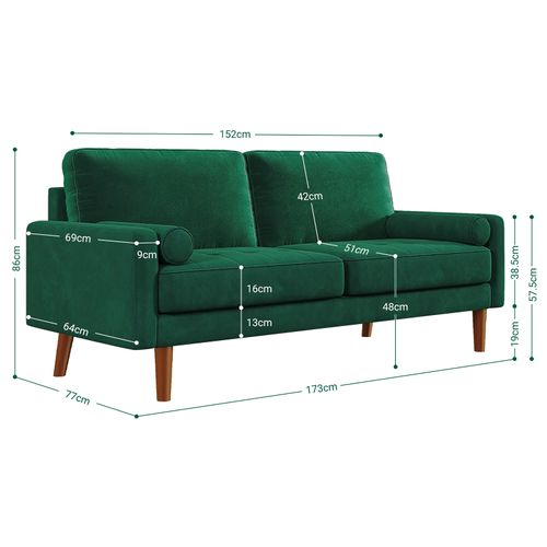 Canapé Droit Salon 3 Places Avec Accoudoirs En Velours Moderne, 173l X 77l X 86h Cm, Vert