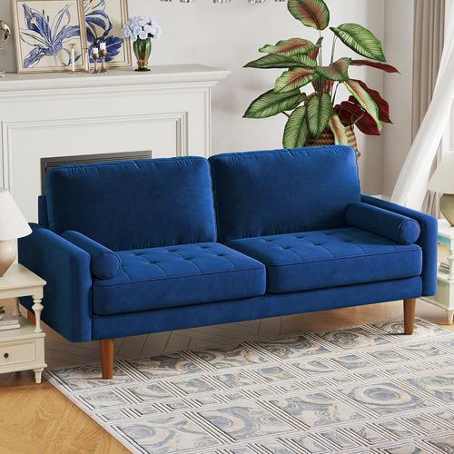 Canapé Droit Salon 3 Places Avec Accoudoirs En Velours Moderne, 173l X 77l X 86h Cm, Bleu