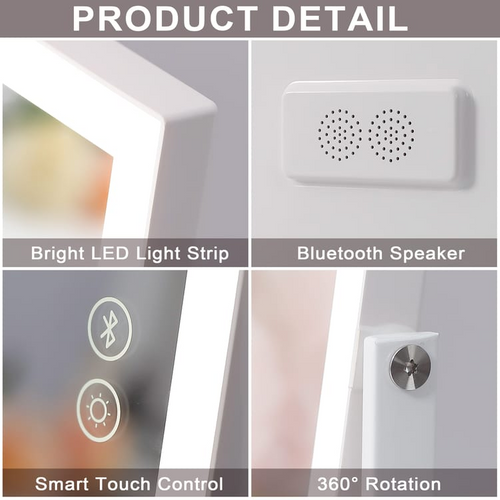 Miroir De Maquillage Hollywood Coiffeuse Bluetooth Avec Bande Lumineuse LED -30x41 Cm