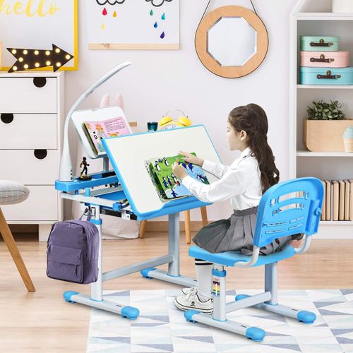 Set Bureau Et Chaise Pour Enfants Avec Lampe LED,bureau Inclinable 0°-40°,charge Maximale 80kg Bleu