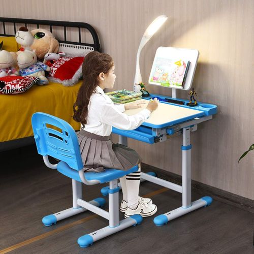 Set Bureau Et Chaise Pour Enfants Avec Lampe LED,bureau Inclinable 0°-40°,charge Maximale 80kg Bleu