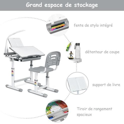 Set Bureau Et Chaise Pour Enfants Avec Lampe LED,bureau Inclinable 0°-40°, Charge Maximale 80kg Gris