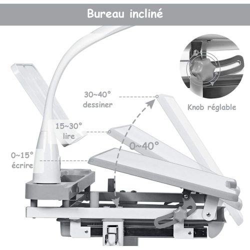 Set Bureau Et Chaise Pour Enfants Avec Lampe LED,bureau Inclinable 0°-40°, Charge Maximale 80kg Gris