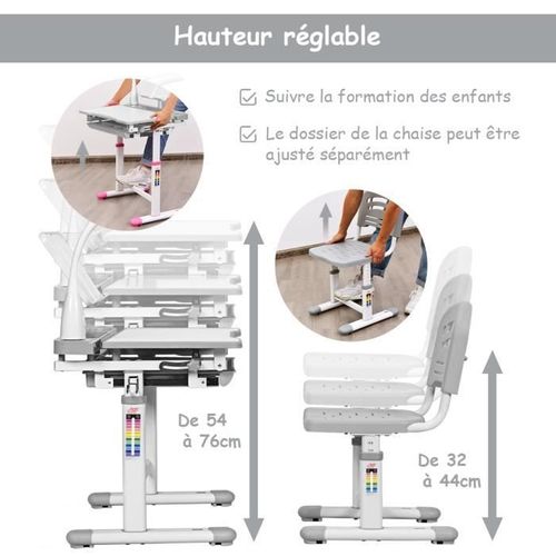 Set Bureau Et Chaise Pour Enfants Avec Lampe LED,bureau Inclinable 0°-40°, Charge Maximale 80kg Gris