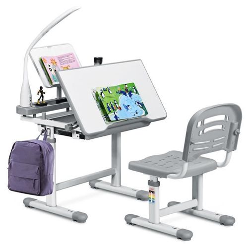 Set Bureau Et Chaise Pour Enfants Avec Lampe LED,bureau Inclinable 0°-40°, Charge Maximale 80kg Gris