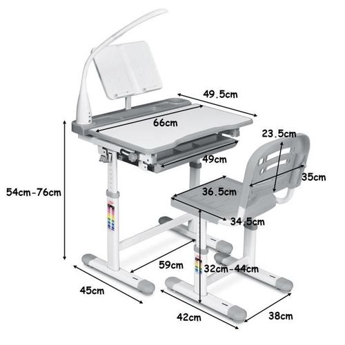 Set Bureau Et Chaise Pour Enfants Avec Lampe LED,bureau Inclinable 0°-40°, Charge Maximale 80kg Gris