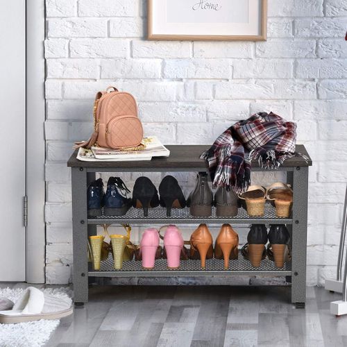 Banc/etagère à Chaussures En Bois+métal,4 Pieds Réglables Anti-rayures 73 X 30 X 45cm,gris