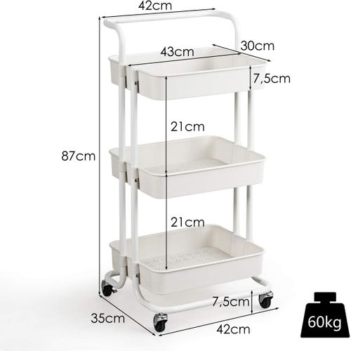 Chariot De Service à Roulettes Avec 3 Paniersgrillagés 42 X 35 X 87 Cm Charge Max. 60kg Blanc