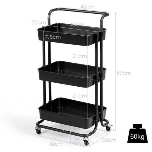 Chariot De Service à Roulettes Avec 3 Paniers Grillagés 42 X 35 X 87 Cm Charge Max. 60kg Noir