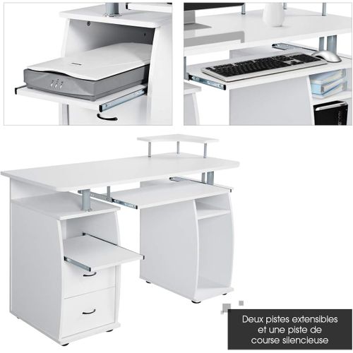 Bureau Informatique Table De Bureau En Mdf Multi-rangements 2 Tiroirs 120x55x85cm Blanc