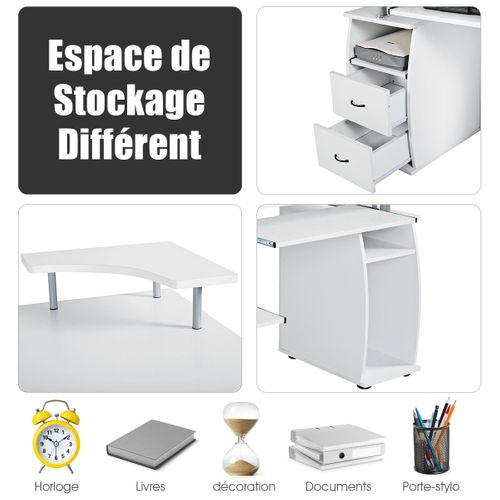 Bureau Informatique Table De Bureau En Mdf Multi-rangements 2 Tiroirs 120x55x85cm Blanc